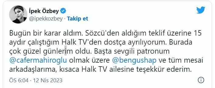 İpek Özbey Halk TV'den ayrıldı İpek Özbey Halk TV'den ayrıldı